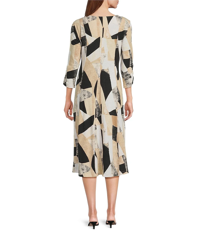 Multiples Slub Knit Geometric Multi-Panel Scoop Neck 3/4 Sleeve Fit & Flare Midi Dress