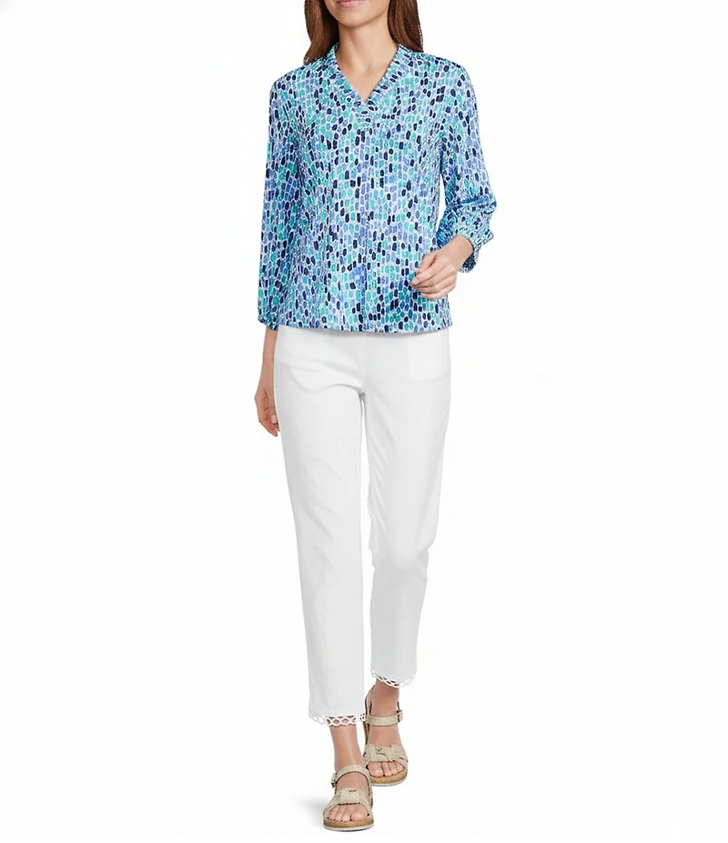 Multiples Slub Knit Geometric Ruffled Y-Neck 3/4 Sleeve Top