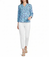 Multiples Slub Knit Geometric Ruffled Y-Neck 3/4 Sleeve Top