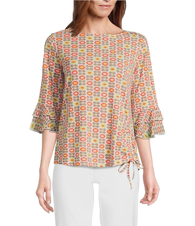Multiples Slub Knit Georgette Floral Print Boat Neck 3/4 Sleeve Fitted Ruched Side Drawstring Top