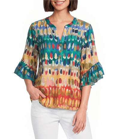 Multiples Slub Knit Multi Print Banded Y-Neck Elbow Flounce Sleeve Top