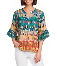 Multiples Slub Knit Multi Print Banded Y-Neck Elbow Flounce Sleeve Top