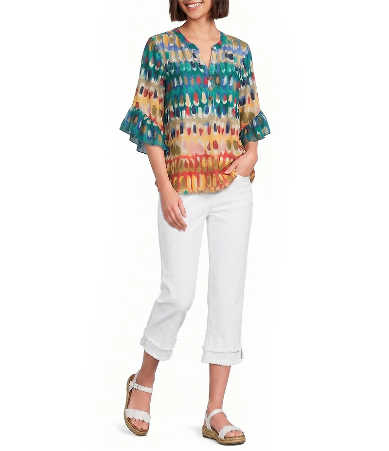 Multiples Slub Knit Multi Print Banded Y-Neck Elbow Flounce Sleeve Top