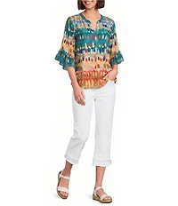 Multiples Slub Knit Multi Print Banded Y-Neck Elbow Flounce Sleeve Top