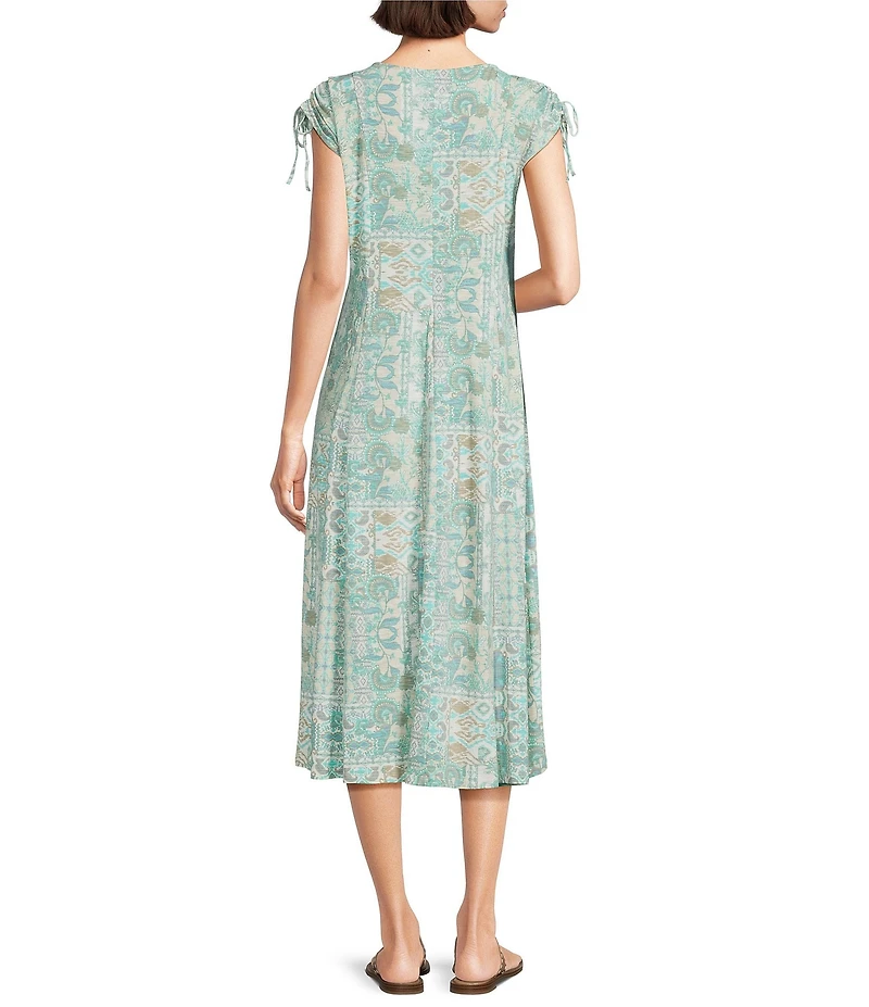 Multiples Slub Knit Printed Scoop Neck Cap Sleeve Multi Panel Fit & Flare Midi Dress