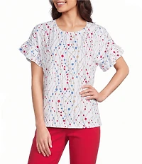 Multiples Slub Knit Printed Scoop Neck Double Flounce Short Dolman Sleeve Top