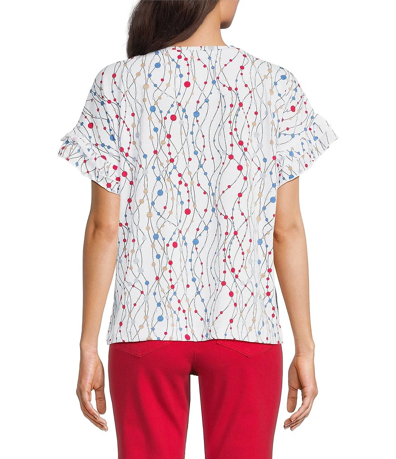 Multiples Slub Knit Printed Scoop Neck Double Flounce Short Dolman Sleeve Top