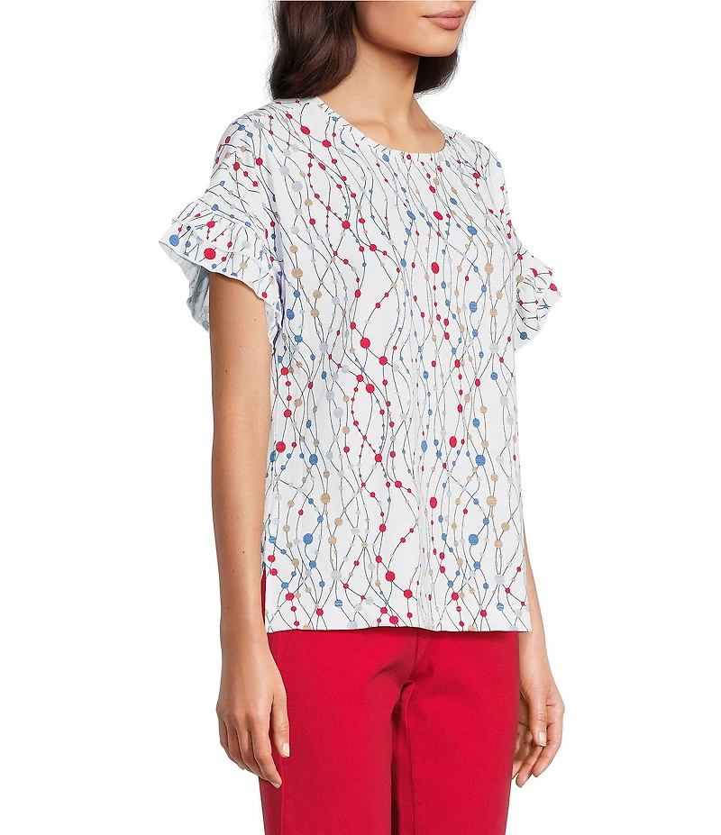 Multiples Slub Knit Printed Scoop Neck Double Flounce Short Dolman Sleeve Top