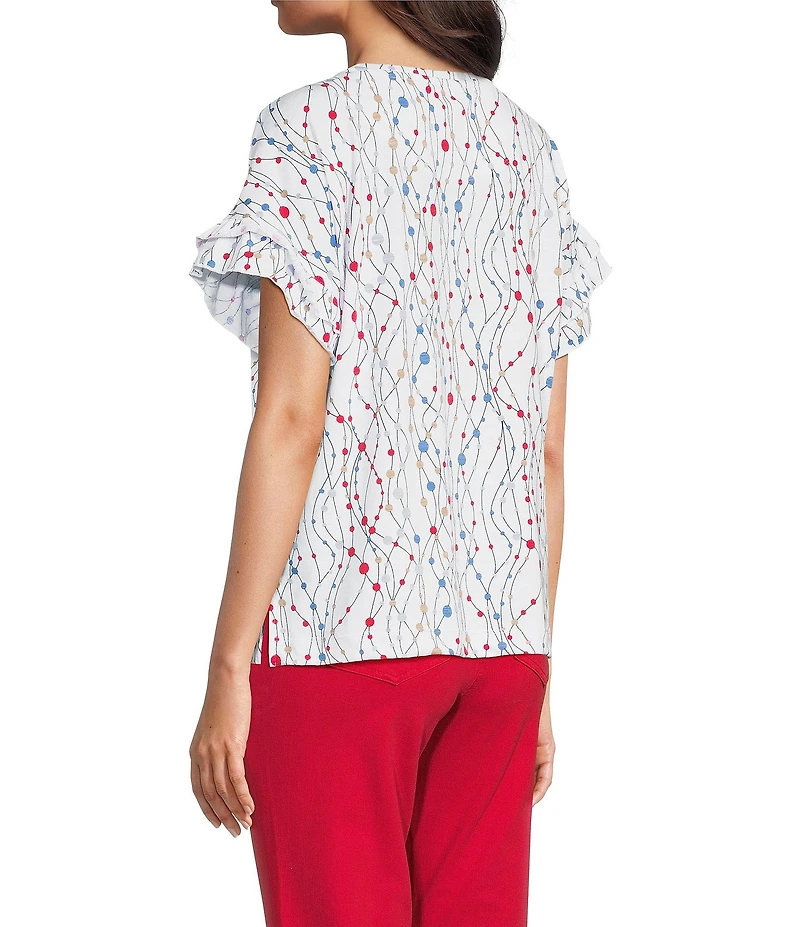 Multiples Slub Knit Printed Scoop Neck Double Flounce Short Dolman Sleeve Top