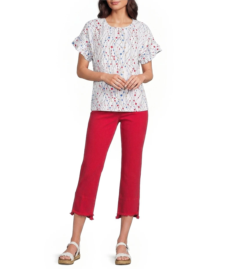 Multiples Slub Knit Printed Scoop Neck Double Flounce Short Dolman Sleeve Top