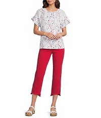 Multiples Slub Knit Printed Scoop Neck Double Flounce Short Dolman Sleeve Top