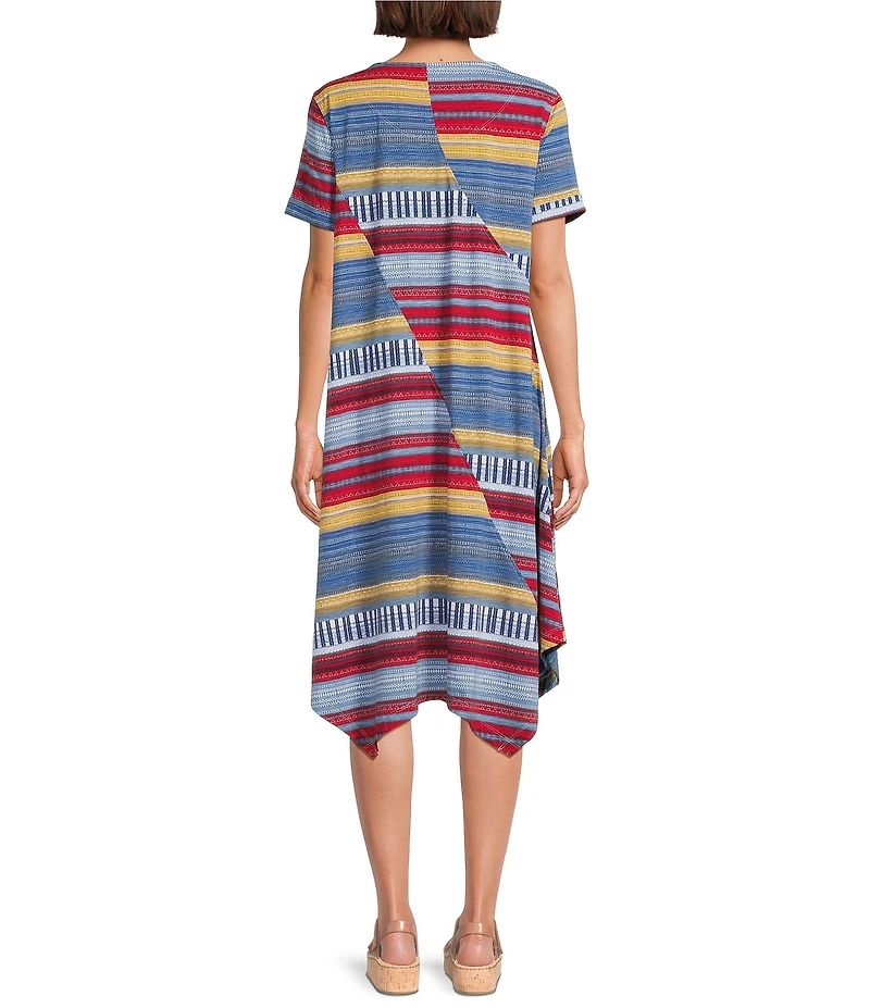 Multiples Slub Knit Printed Scoop Neck Short Sleeve Handkerchief Hem Fit & Flare Midi Dress