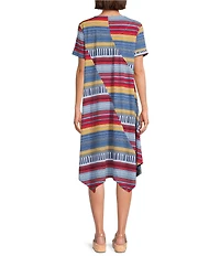 Multiples Slub Knit Printed Scoop Neck Short Sleeve Handkerchief Hem Fit & Flare Midi Dress