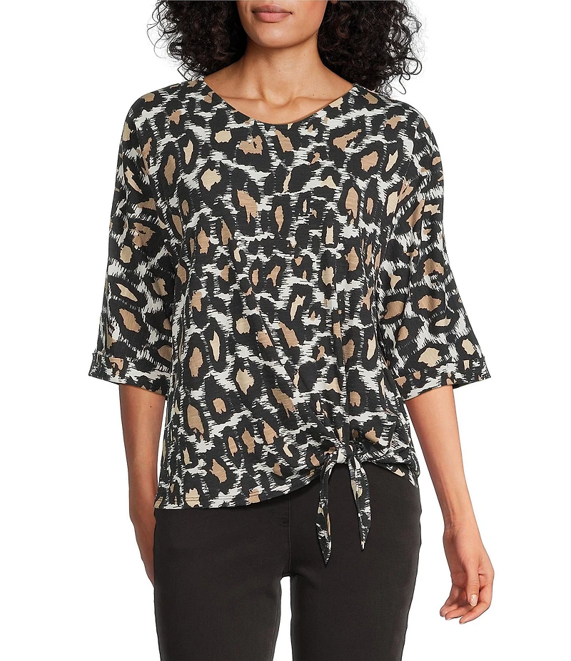 Multiples Slub Knit Printed V-Neck 3/4 Dolman Sleeve Top