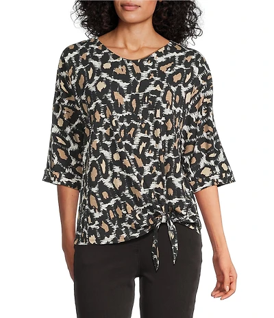 Multiples Slub Knit Printed V-Neck 3/4 Dolman Sleeve Top