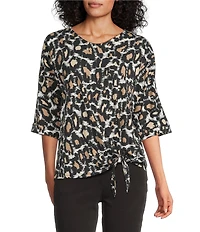 Multiples Slub Knit Printed V-Neck 3/4 Dolman Sleeve Top