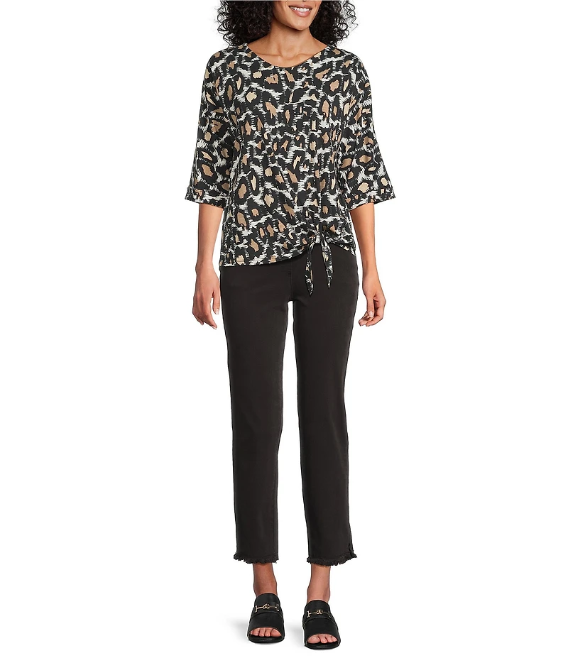 Multiples Slub Knit Printed V-Neck 3/4 Dolman Sleeve Top