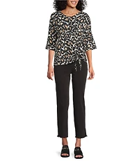 Multiples Slub Knit Printed V-Neck 3/4 Dolman Sleeve Top