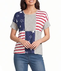 Multiples Slub Knit Yarn Dye Stripe & Star Americana Scoop Neck Short Dolman Sleeve Top