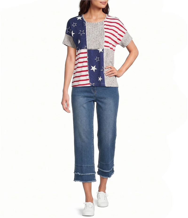Multiples Slub Knit Yarn Dye Stripe & Star Americana Scoop Neck Short Dolman Sleeve Top