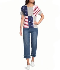 Multiples Slub Knit Yarn Dye Stripe & Star Americana Scoop Neck Short Dolman Sleeve Top