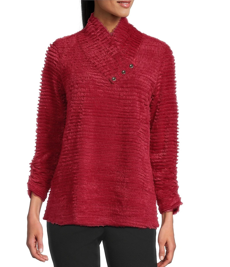 Multiples Soft Textured Striped Plush Rib Knit Wrap Collar 3/4 Bungee Sleeve Top