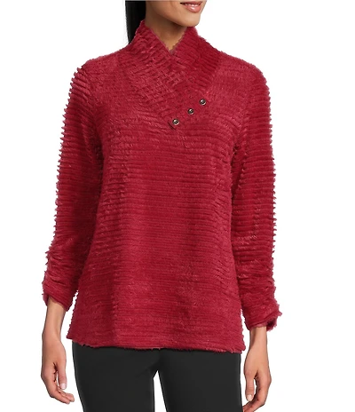 Multiples Soft Textured Striped Plush Rib Knit Wrap Collar 3/4 Bungee Sleeve Top