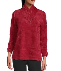 Multiples Soft Textured Striped Plush Rib Knit Wrap Collar 3/4 Bungee Sleeve Top