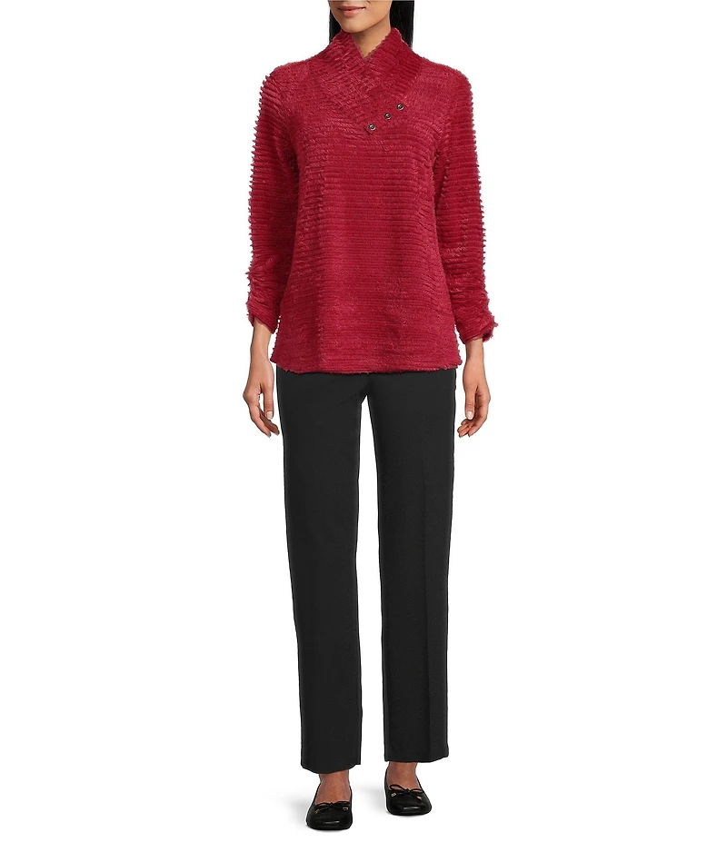 Multiples Soft Textured Striped Plush Rib Knit Wrap Collar 3/4 Bungee Sleeve Top
