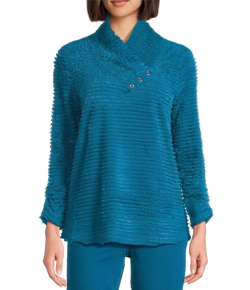 Multiples Soft Textured Striped Plush Rib Knit Wrap Collar 3/4 Bungee Sleeve Top