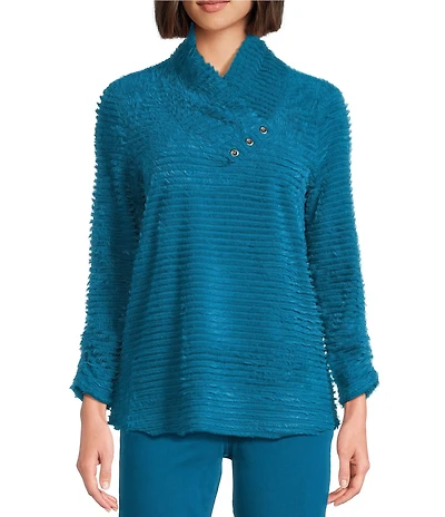 Multiples Soft Textured Striped Plush Rib Knit Wrap Collar 3/4 Bungee Sleeve Top