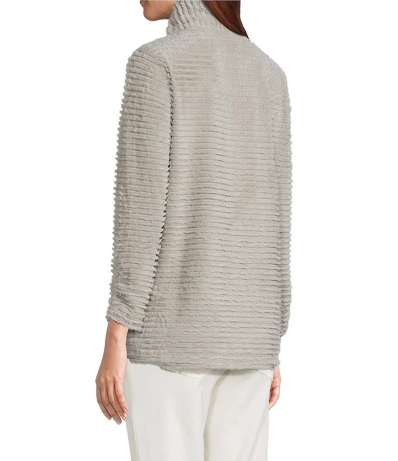 Multiples Soft Textured Striped Plush Rib Knit Wrap Collar 3/4 Bungee Sleeve Top