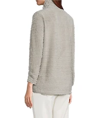 Multiples Soft Textured Striped Plush Rib Knit Wrap Collar 3/4 Bungee Sleeve Top