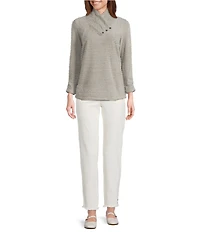 Multiples Soft Textured Striped Plush Rib Knit Wrap Collar 3/4 Bungee Sleeve Top