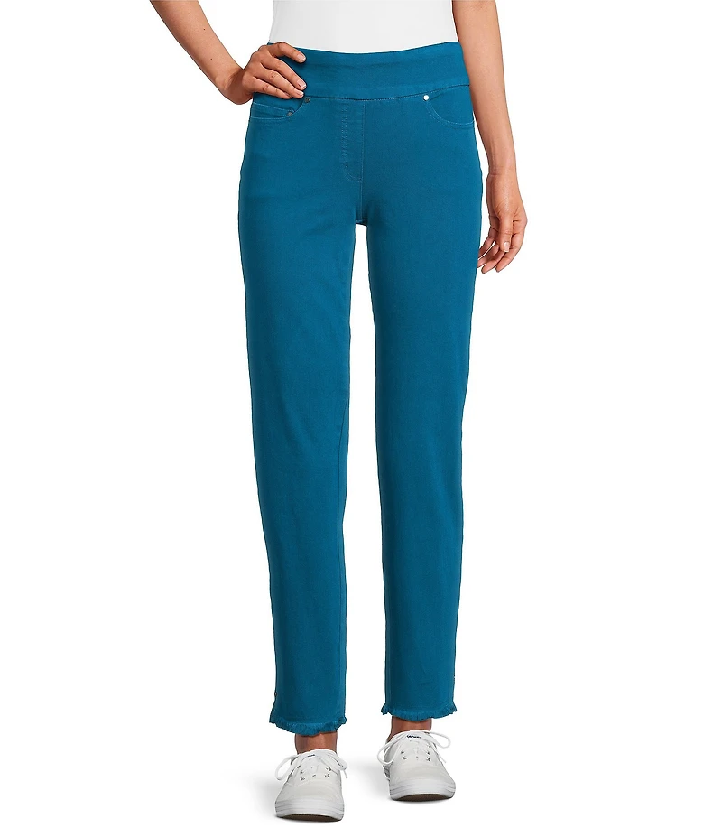 Multiples Solid Garment Dyed Straight Leg Fringe Hem Pull-On Ankle Pants