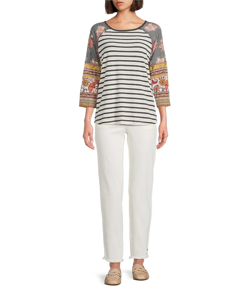 Multiples Solid Garment Dyed Straight Leg Fringe Hem Pull-On Ankle Pants