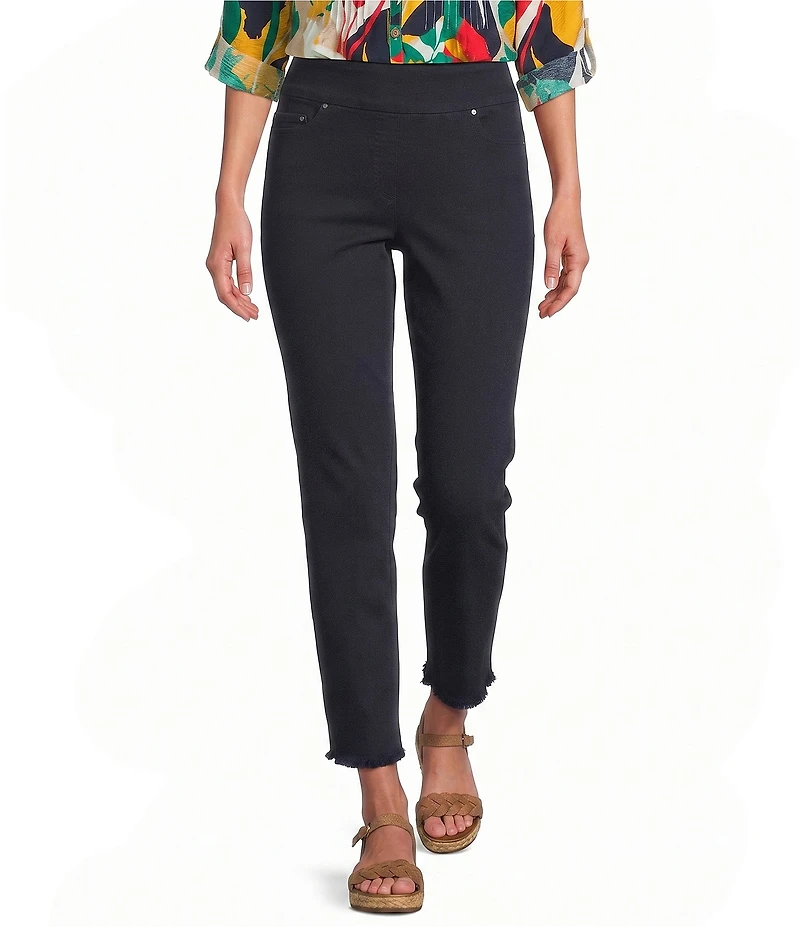 Multiples Solid Garment Dyed Straight Leg Fringe Hem Pull-On Ankle Pants