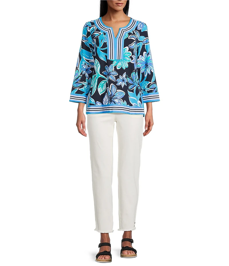 Multiples Solid Garment Dyed Straight Leg Fringe Hem Pull-On Ankle Pants