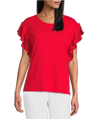 Multiples Solid Knit Jersey Scoop Neck Short Flutter Sleeve Fitted Top