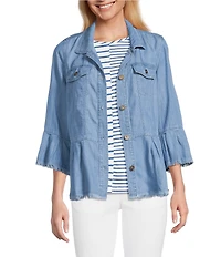 Multiples Solid Lyocell Point Collar 3/4 Flounce Sleeve Button Front Peplum Jacket