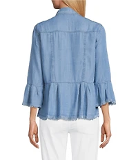 Multiples Solid Lyocell Point Collar 3/4 Flounce Sleeve Button Front Peplum Jacket