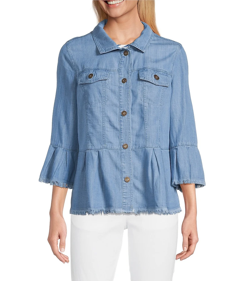 Multiples Solid Lyocell Point Collar 3/4 Flounce Sleeve Button Front Peplum Jacket