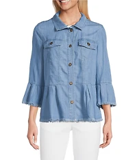 Multiples Solid Lyocell Point Collar 3/4 Flounce Sleeve Button Front Peplum Jacket