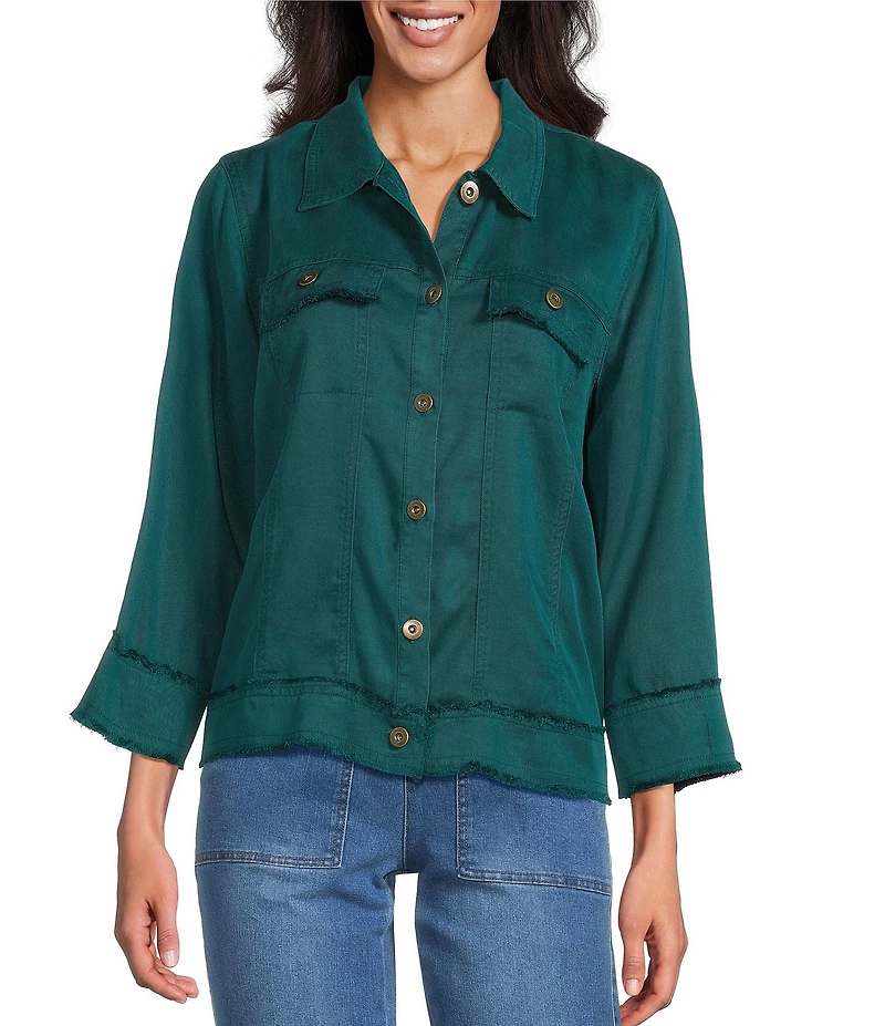 Multiples Solid Lyocell Point Collar 3/4 Sleeve Button-Front Jacket