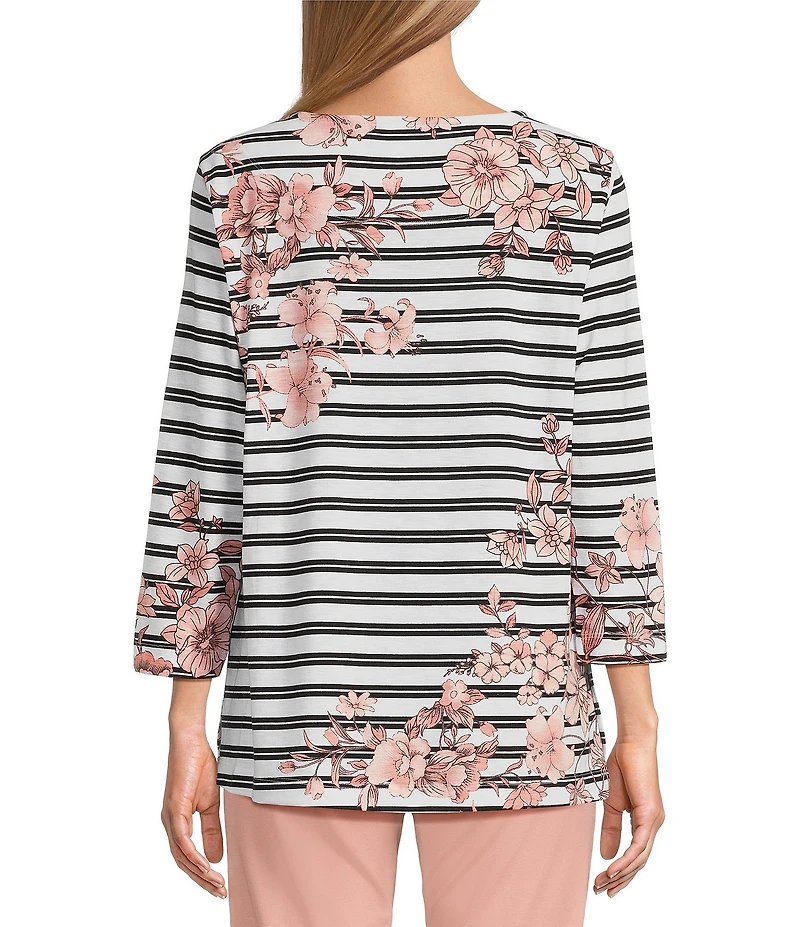 Multiples Stretch Placement Floral Stripe Boat Neck 3/4 Sleeve Fitted Top