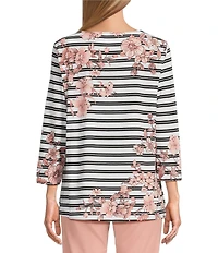 Multiples Stretch Placement Floral Stripe Boat Neck 3/4 Sleeve Fitted Top