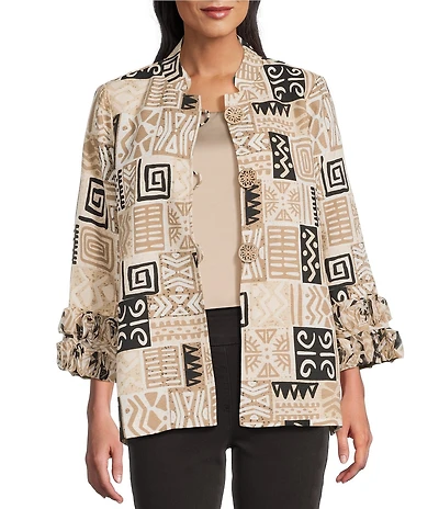 Multiples Textured Bark Cloth Patchwork Print Banded Collar 3/4 Sleeve Button Front Jacket