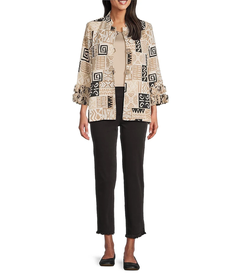 Multiples Textured Bark Cloth Patchwork Print Banded Collar 3/4 Sleeve Button Front Jacket
