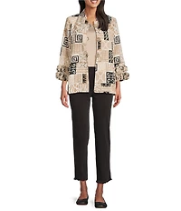 Multiples Textured Bark Cloth Patchwork Print Banded Collar 3/4 Sleeve Button Front Jacket