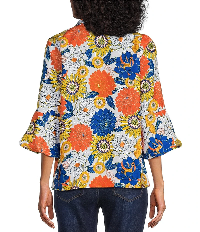 Multiples Textured Floral Multi Wire Collar 3/4 Sleeve Button-Front Jacket